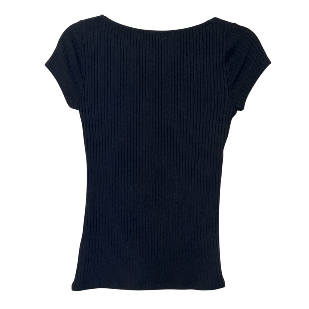 Reformation Bardot Square Neck Ribbed Knit Short Sleeve Top Black Small Modern - Picture 3 of 4
